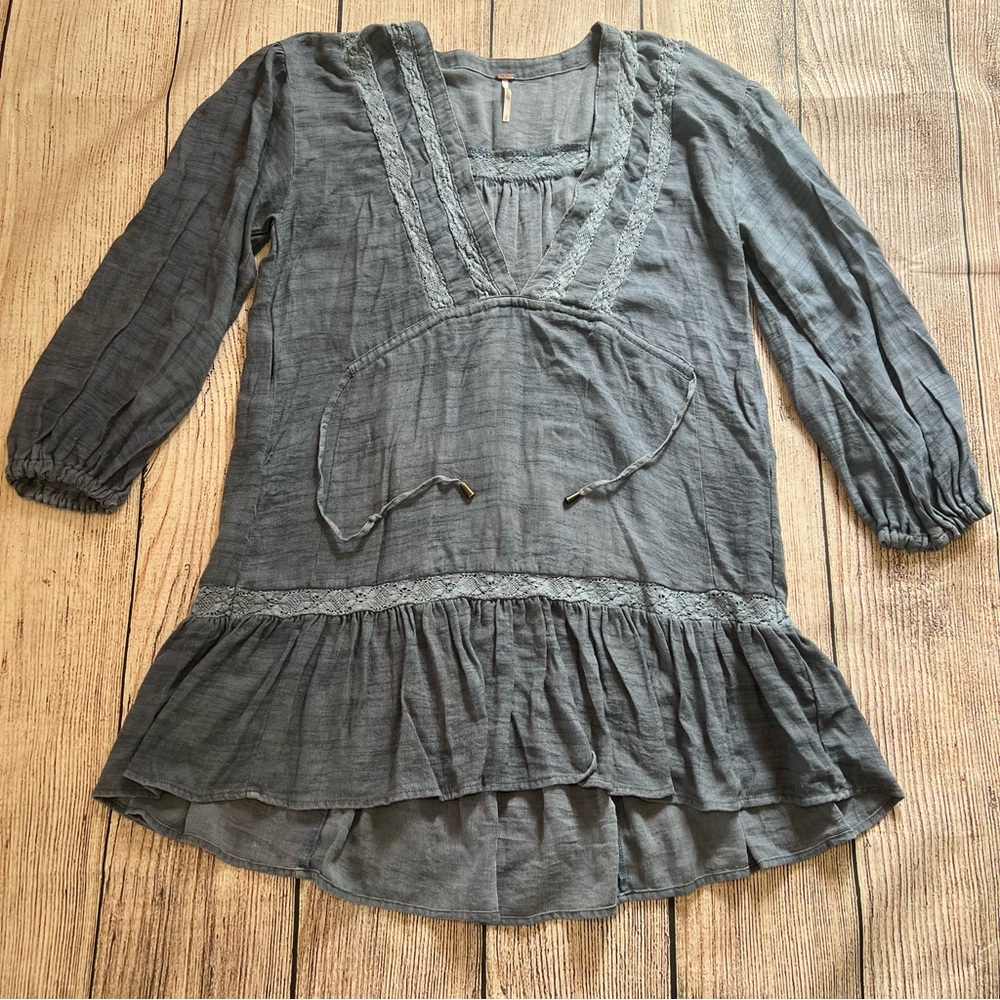 Free People Rugged Beauty Lace Panel Swing Dress Sky Wash Women’s Size Small